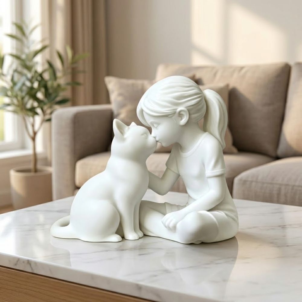 3D Printing Mockup - 3D Printed Girl and Cat Sculpture